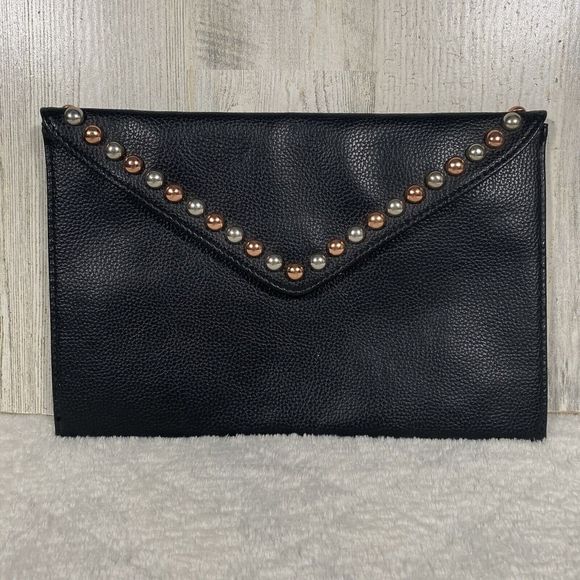B-Low The Belt Black Studded Vegan Pebbled Leather Clutch Purse Button Close - Picture 1 of 6